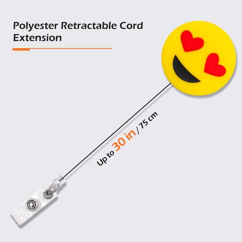 Finex 4 Pcs Set Emoji Smiling Face Badge ID Clip Reel Retractable Holder Office Work Nurse Name Badge Tag Clip On Card Holders Cute - 30 inch Cord Extension - Image 2